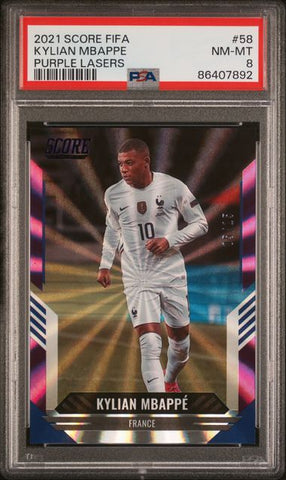 Kylian Mbappe #58 Purple Lasers /15 PSA 8 [2021 Panini Score Fifa]