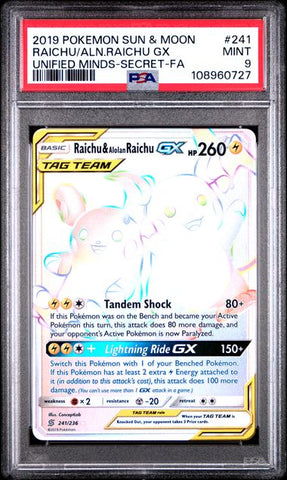 Raichu/Aln.Raichu Gx [Unified Minds-Secret-Fa] #241 PSA 9 [Pokemon Sun & Moon Unified Minds 2019]