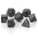 Opaque – Polyhedral Dark Grey w/copper 7-Die Set indhold