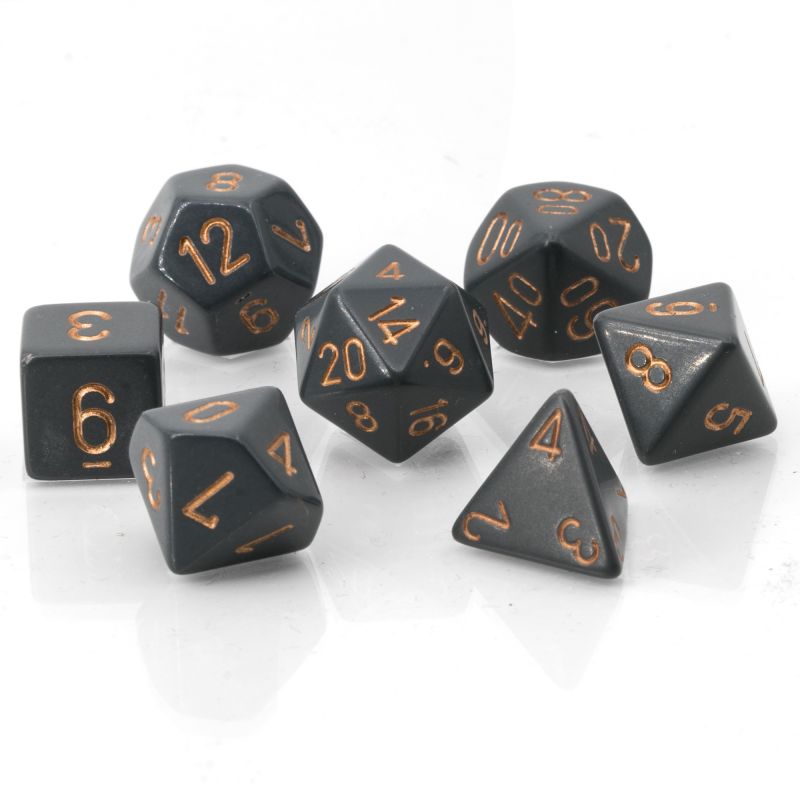 Opaque – Polyhedral Dark Grey w/copper 7-Die Set indhold