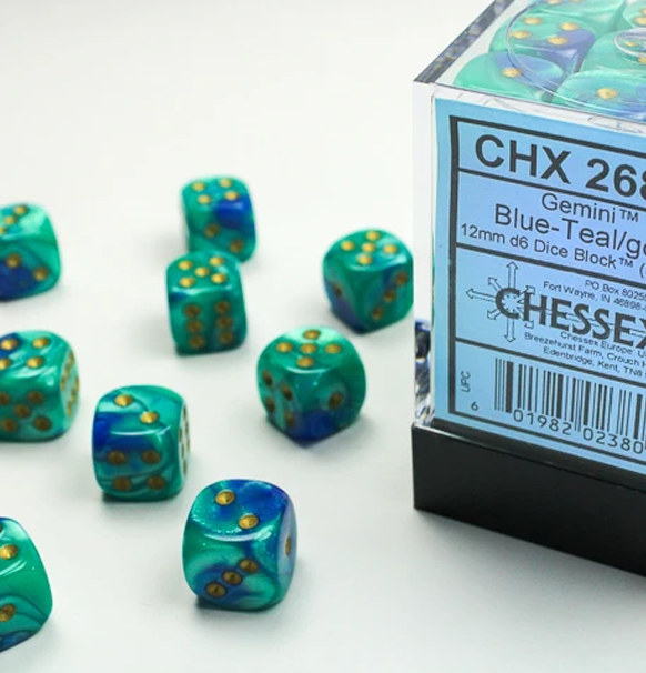 Gemini™ – 12mm d6 Blue-Teal w/gold Dice Block™