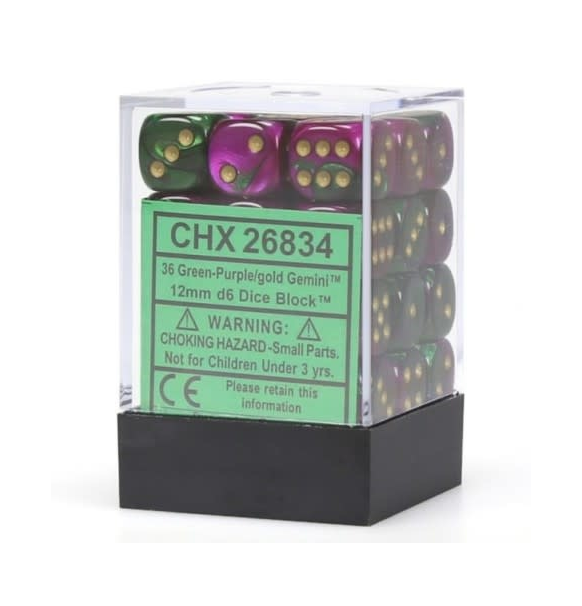 Gemini™ - 12mm d6 Green-Purple w/gold Dice Block