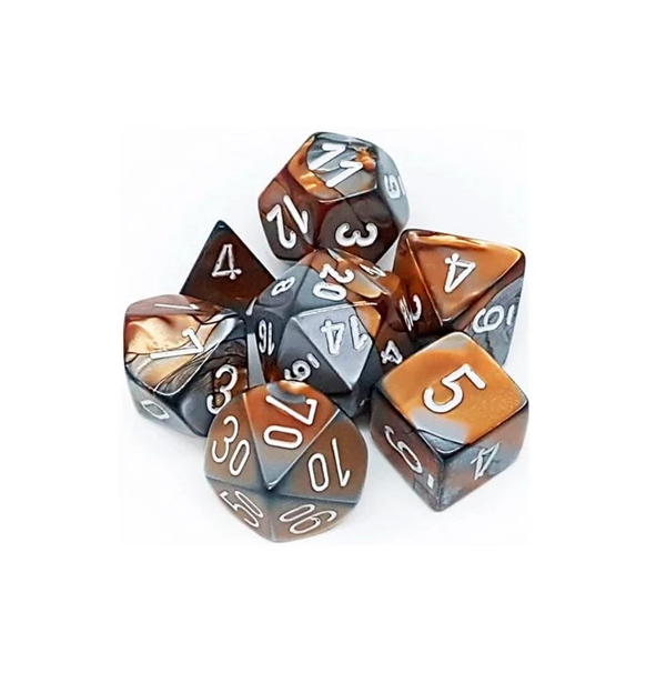 Gemini™ – Polyhedral Copper-Steel w/white 7-Die Set indhold