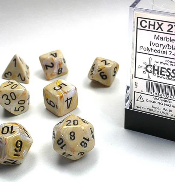 Marble™ - Polyhedral Ivory w/black 7-Die Set indhold