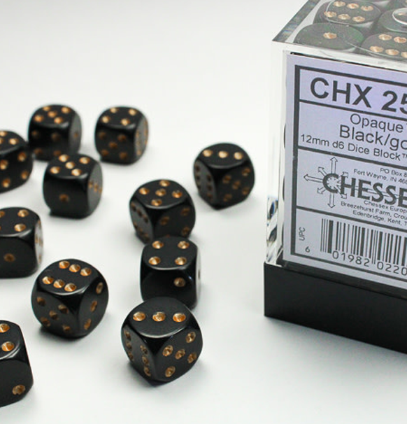 Opaque – 12mm d6 Black w/gold Dice Block™